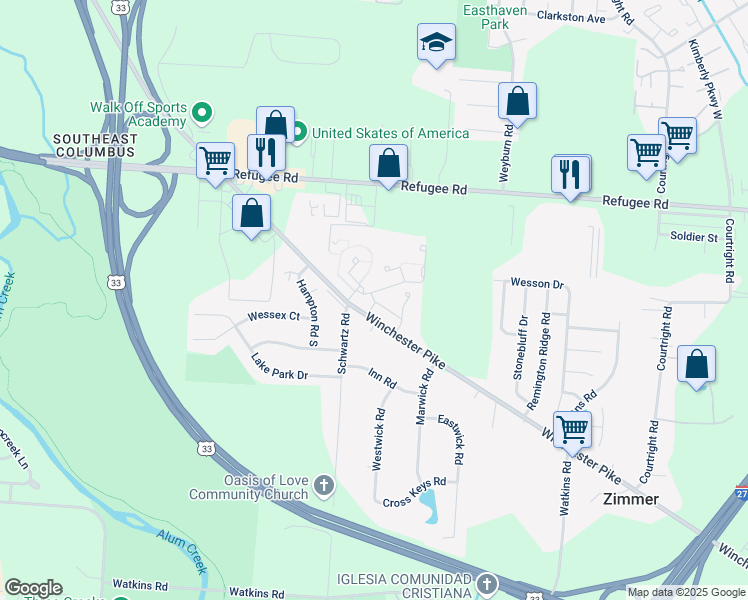 map of restaurants, bars, coffee shops, grocery stores, and more near 2893 Tuppence Drive in Columbus