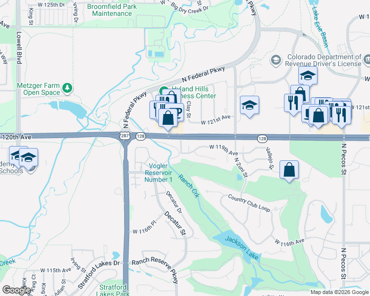 map of restaurants, bars, coffee shops, grocery stores, and more near 11948 Clay Court in Westminster