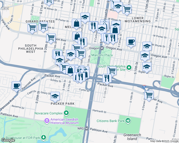 map of restaurants, bars, coffee shops, grocery stores, and more near 2942 South 15th Street in Philadelphia