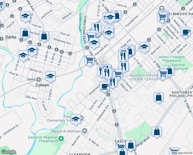 map of restaurants, bars, coffee shops, grocery stores, and more near 7364 Wheeler Street in Philadelphia