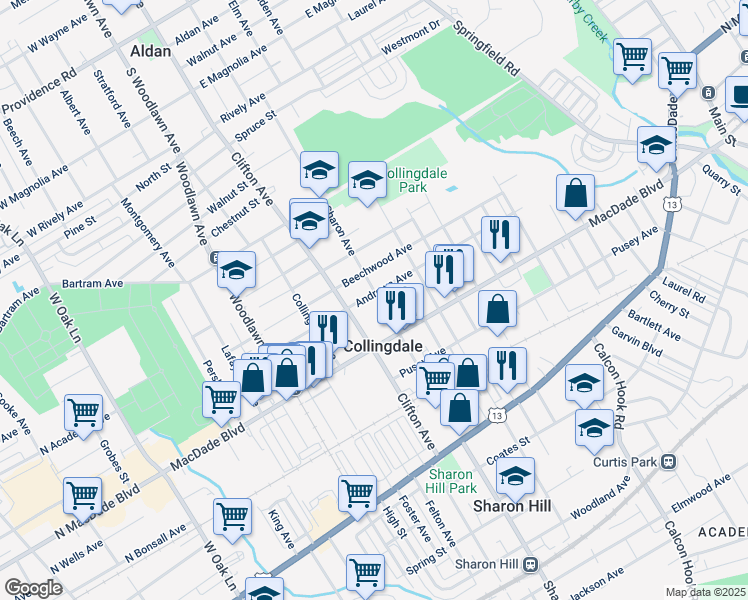 map of restaurants, bars, coffee shops, grocery stores, and more near 234 Sharon Avenue in Collingdale