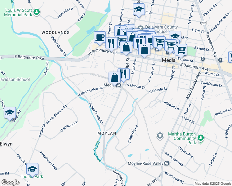 map of restaurants, bars, coffee shops, grocery stores, and more near 507 South Orange Street in Media