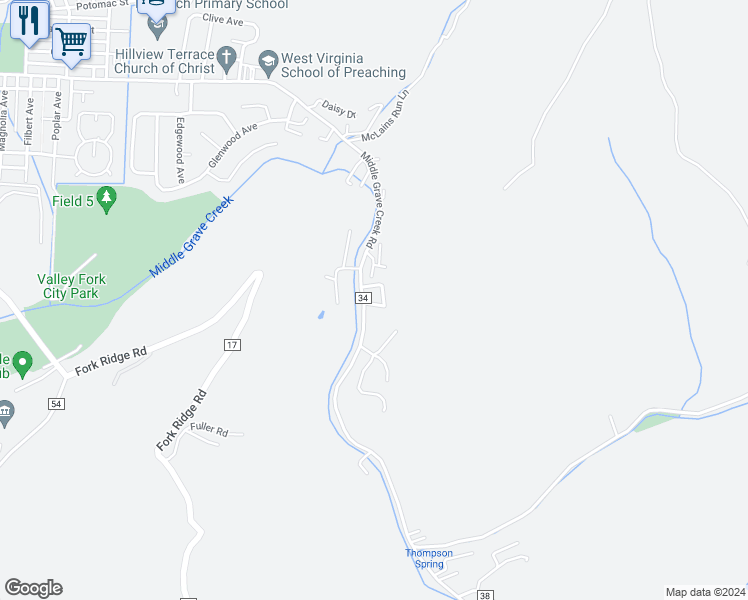 map of restaurants, bars, coffee shops, grocery stores, and more near 6046 Riffle Drive in Moundsville
