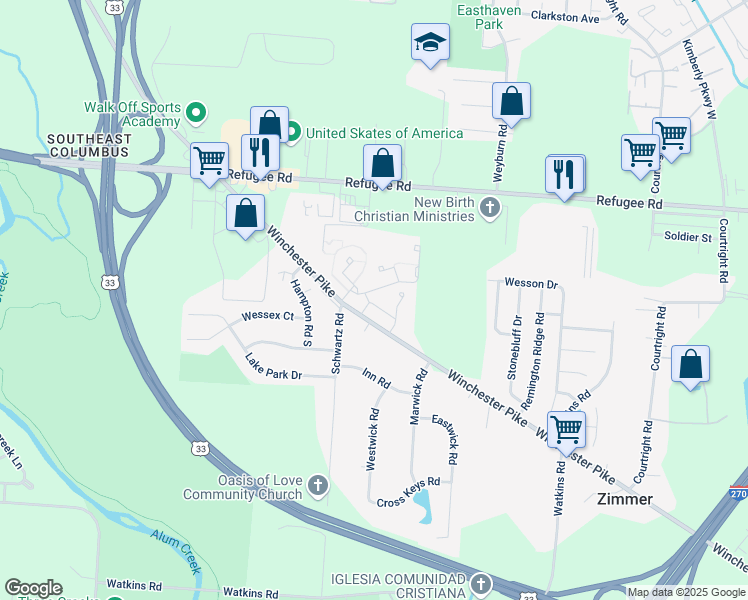 map of restaurants, bars, coffee shops, grocery stores, and more near 2893 Tuppence Drive in Columbus