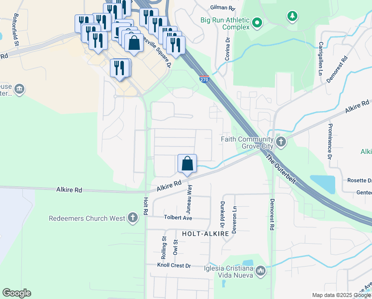 map of restaurants, bars, coffee shops, grocery stores, and more near 4638 Cadmus Drive in Columbus