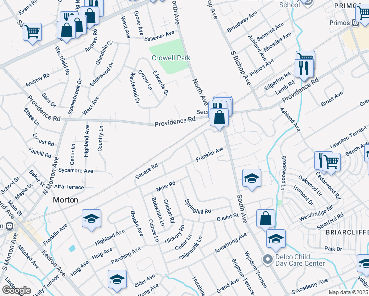 map of restaurants, bars, coffee shops, grocery stores, and more near 2450 Secane Road in Delaware County