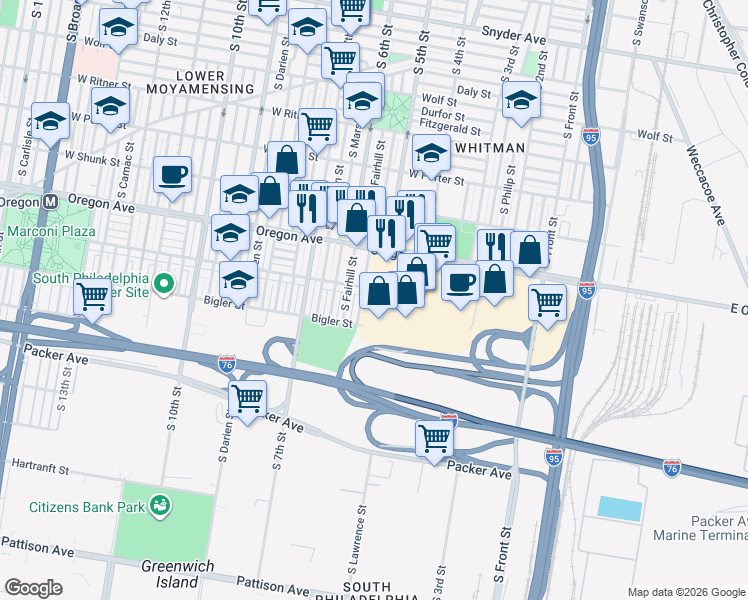 map of restaurants, bars, coffee shops, grocery stores, and more near 330 West Oregon Avenue in Philadelphia
