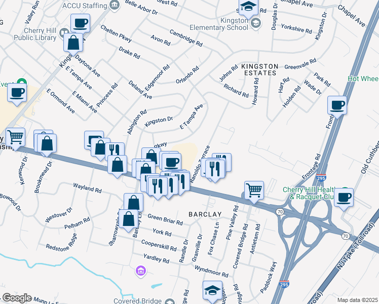 map of restaurants, bars, coffee shops, grocery stores, and more near 500 Barclay Walk in Cherry Hill