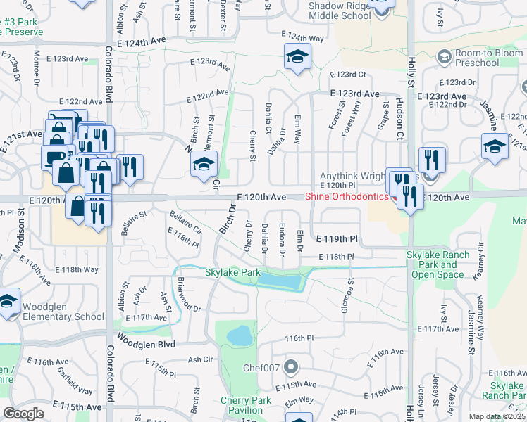 map of restaurants, bars, coffee shops, grocery stores, and more near 11993 Dahlia Drive in Thornton