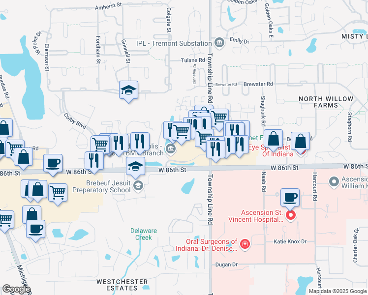 map of restaurants, bars, coffee shops, grocery stores, and more near 2550 Lake Circle Drive in Indianapolis