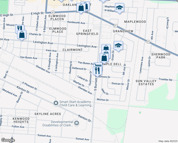 map of restaurants, bars, coffee shops, grocery stores, and more near 635 Eastmoor Dr in Springfield