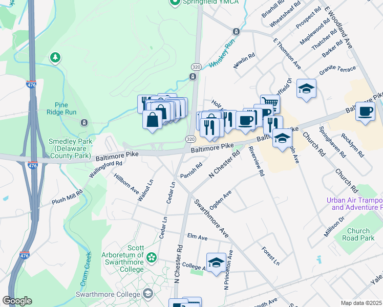 map of restaurants, bars, coffee shops, grocery stores, and more near 628 Magill Road in Swarthmore