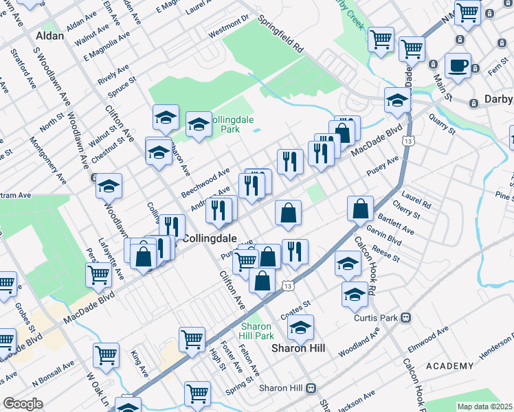 map of restaurants, bars, coffee shops, grocery stores, and more near 519 Macdade Boulevard in Collingdale