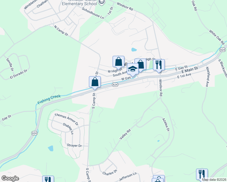 map of restaurants, bars, coffee shops, grocery stores, and more near 177 West 1st Avenue in Windsor