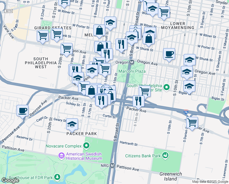 map of restaurants, bars, coffee shops, grocery stores, and more near 2951 South 15th Street in Philadelphia