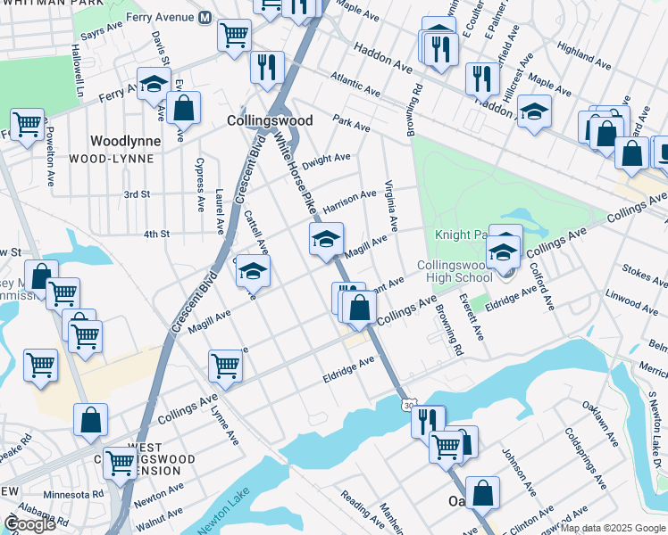 map of restaurants, bars, coffee shops, grocery stores, and more near 406 White Horse Pike in Collingswood