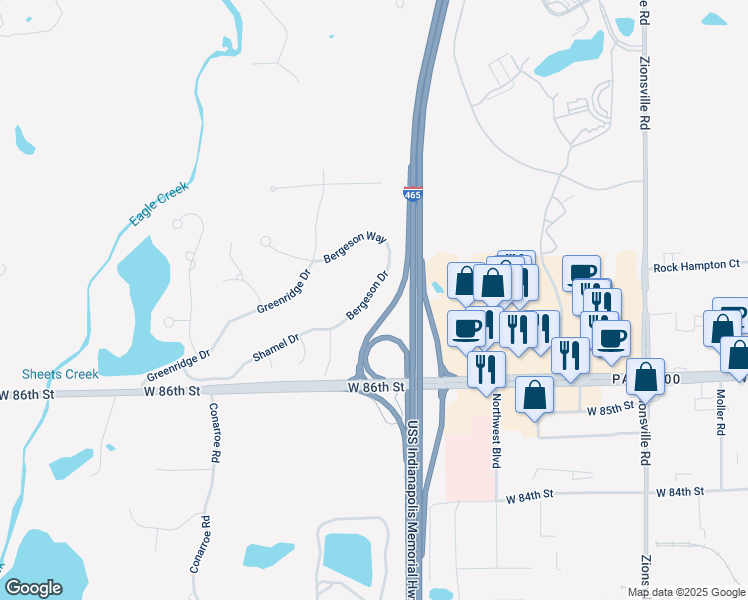 map of restaurants, bars, coffee shops, grocery stores, and more near 8811 Bergeson Drive in Indianapolis