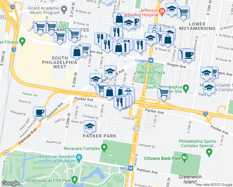 map of restaurants, bars, coffee shops, grocery stores, and more near 3002 South Smedley Street in Philadelphia