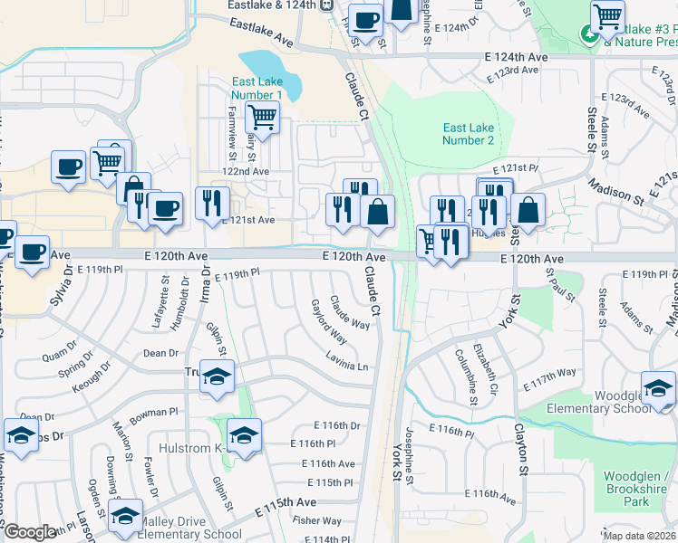map of restaurants, bars, coffee shops, grocery stores, and more near 5125 East 119th Place in Denver