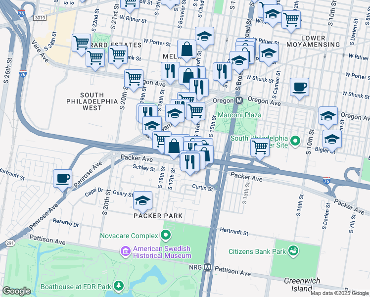 map of restaurants, bars, coffee shops, grocery stores, and more near 3002 South Smedley Street in Philadelphia