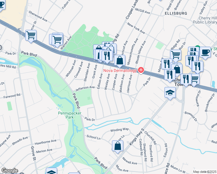 map of restaurants, bars, coffee shops, grocery stores, and more near 850 Jefferson Avenue in Cherry Hill