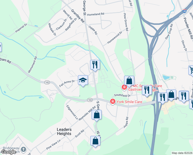 map of restaurants, bars, coffee shops, grocery stores, and more near 2523 South George Street in York