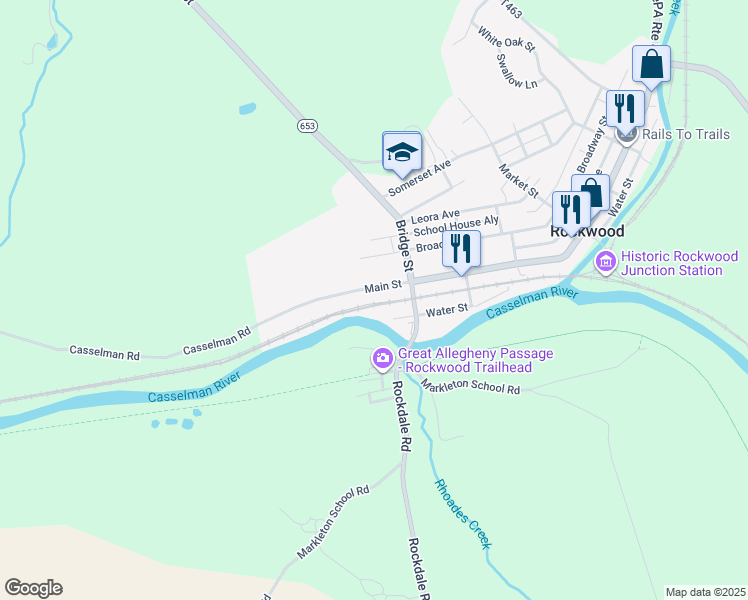 map of restaurants, bars, coffee shops, grocery stores, and more near 328 Main Street in Rockwood
