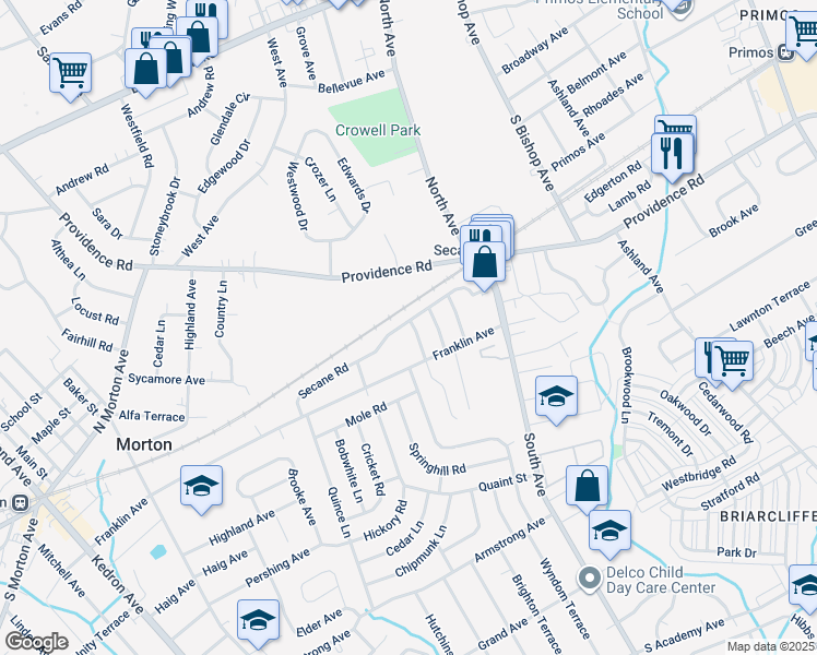 map of restaurants, bars, coffee shops, grocery stores, and more near 2450 Secane Road in Delaware County