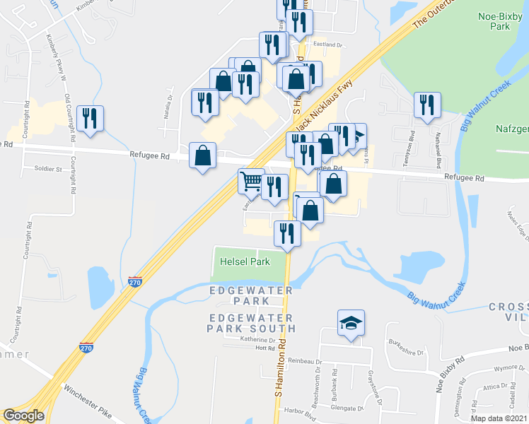 map of restaurants, bars, coffee shops, grocery stores, and more near 4249 Eastland Square Dr in Columbus