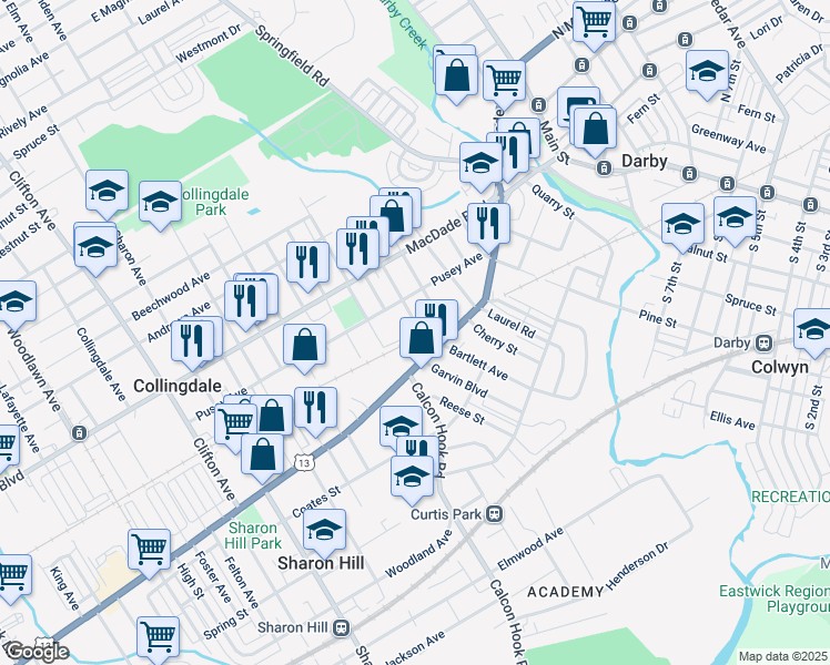 map of restaurants, bars, coffee shops, grocery stores, and more near 6 Rhodes Avenue in Collingdale