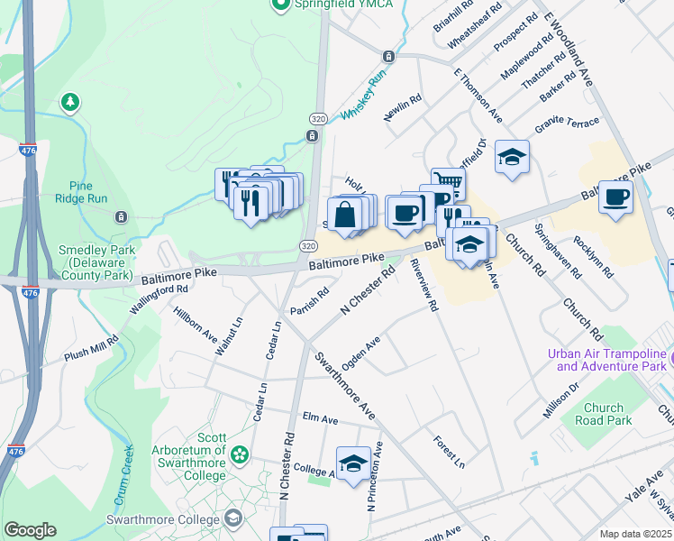 map of restaurants, bars, coffee shops, grocery stores, and more near 668 Parrish Road in Swarthmore