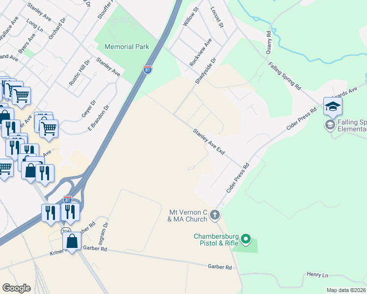map of restaurants, bars, coffee shops, grocery stores, and more near 1300-1344 Stanley Avenue Exd in Chambersburg