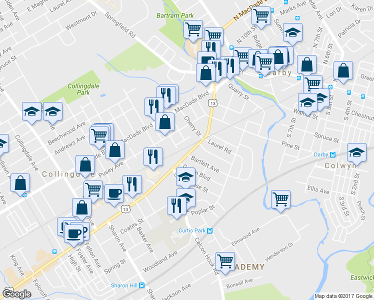 map of restaurants, bars, coffee shops, grocery stores, and more near 450 Chester Pike in Sharon Hill