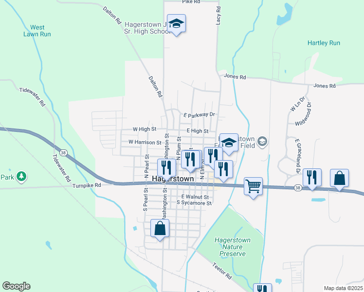 map of restaurants, bars, coffee shops, grocery stores, and more near 299 North Plum Street in Hagerstown