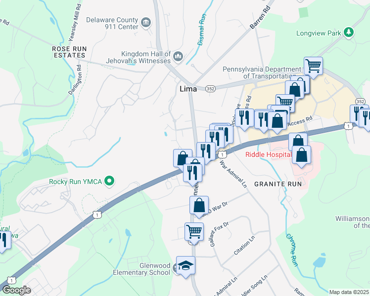 map of restaurants, bars, coffee shops, grocery stores, and more near 31 Cabot Court in Media