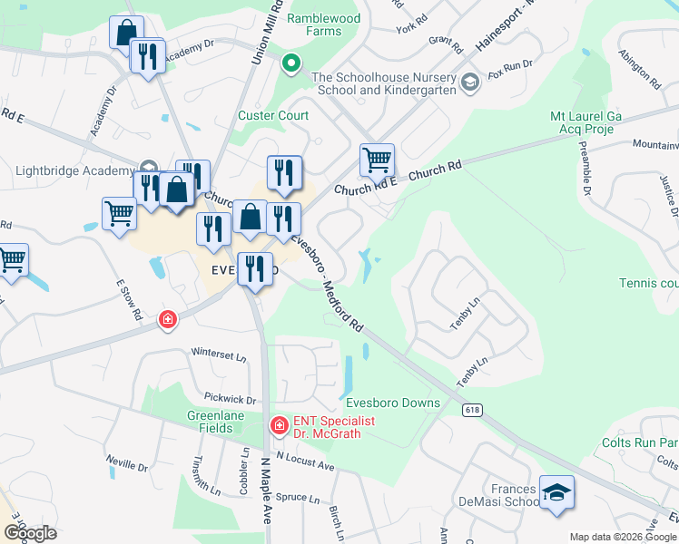 map of restaurants, bars, coffee shops, grocery stores, and more near 7 Hearthstone Lane in Evesham