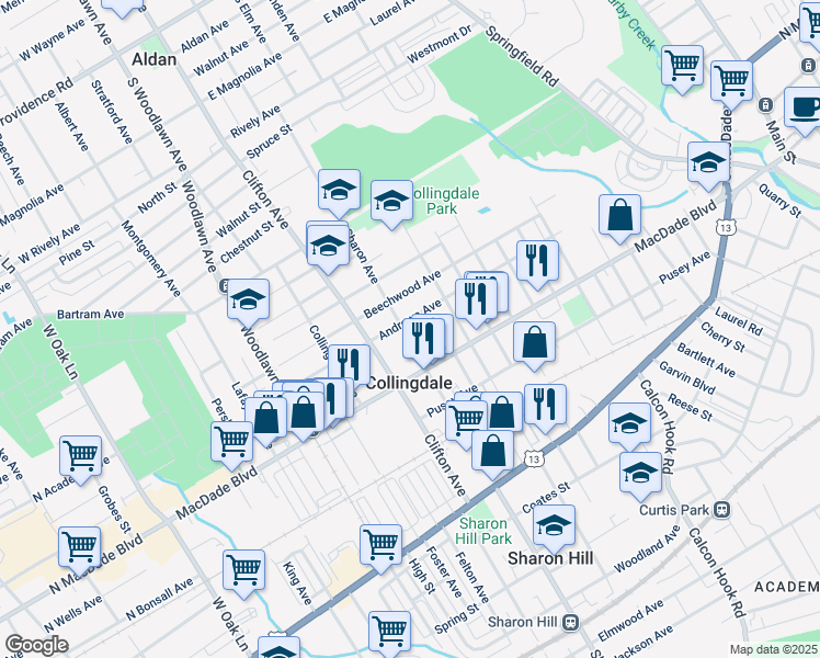 map of restaurants, bars, coffee shops, grocery stores, and more near 235 Sharon Avenue in Collingdale