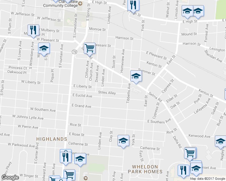 map of restaurants, bars, coffee shops, grocery stores, and more near 437 East Liberty Street in Springfield
