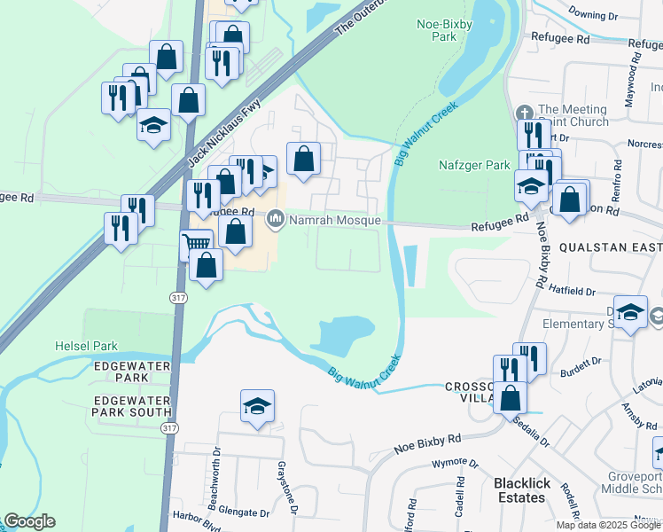map of restaurants, bars, coffee shops, grocery stores, and more near 4607 Refugee Road in Columbus