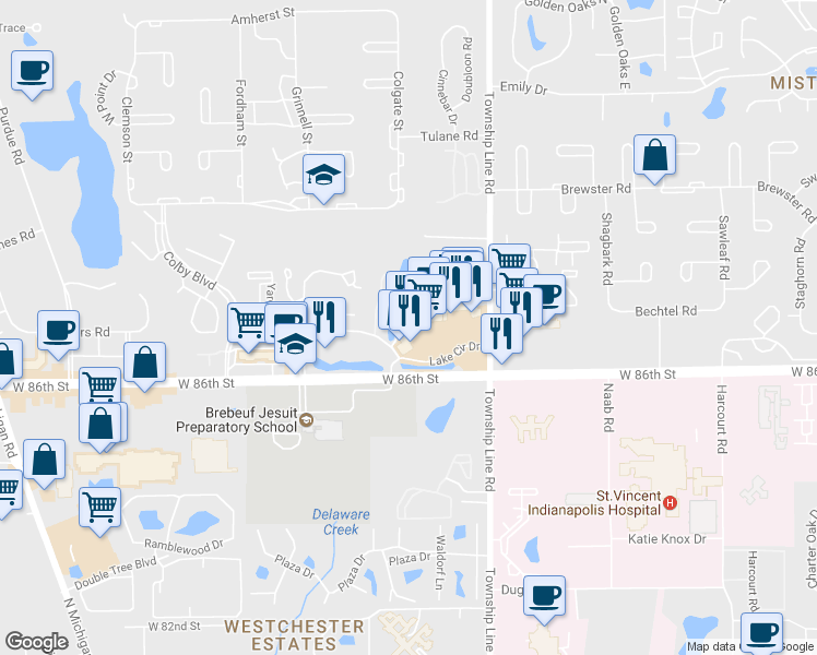 map of restaurants, bars, coffee shops, grocery stores, and more near 2624 Lake Circle Drive in Indianapolis