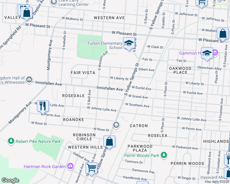 map of restaurants, bars, coffee shops, grocery stores, and more near 735 Innisfallen Avenue in Springfield