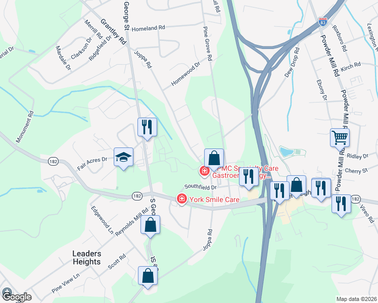 map of restaurants, bars, coffee shops, grocery stores, and more near 2536 Joppa Road in York