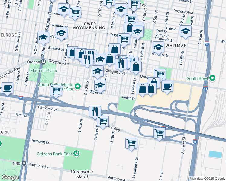 map of restaurants, bars, coffee shops, grocery stores, and more near 2825 South 8th Street in Philadelphia