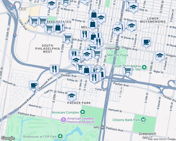 map of restaurants, bars, coffee shops, grocery stores, and more near 3004 South 17th Street in Philadelphia
