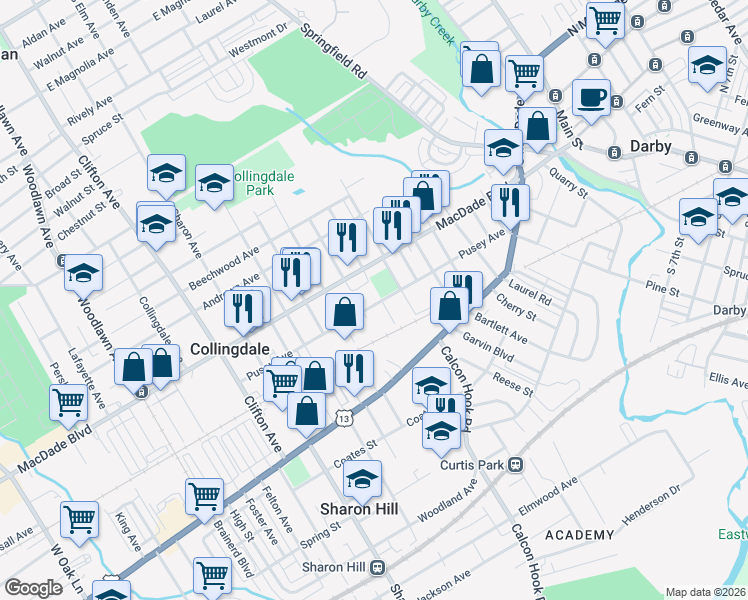 map of restaurants, bars, coffee shops, grocery stores, and more near 437-439 Pusey Avenue in Collingdale