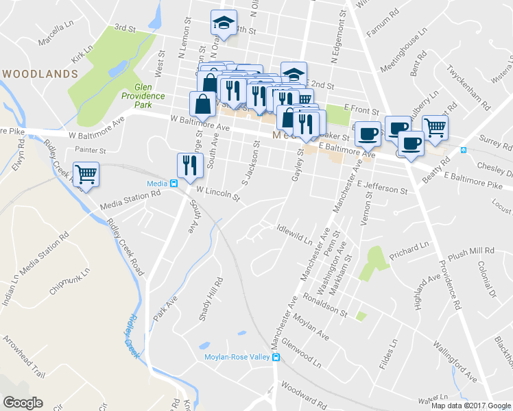 map of restaurants, bars, coffee shops, grocery stores, and more near 558 South Avenue in Media