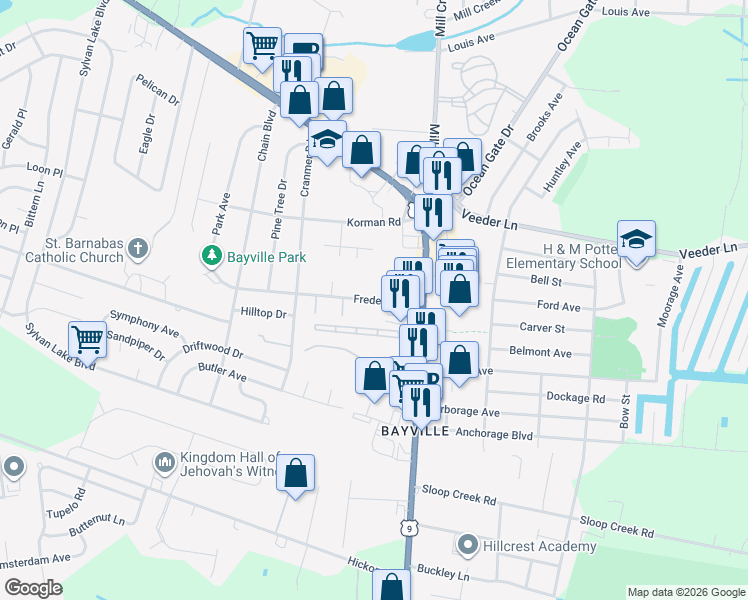 map of restaurants, bars, coffee shops, grocery stores, and more near 20 Frederick Drive in Ocean County