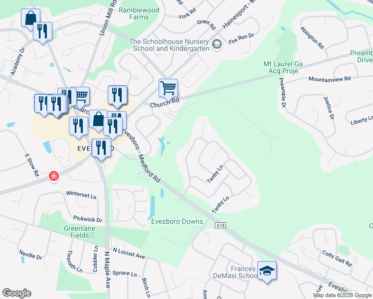 map of restaurants, bars, coffee shops, grocery stores, and more near 25 Hewlings Drive in Evesham Township