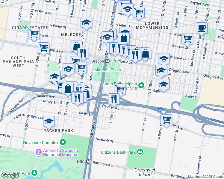 map of restaurants, bars, coffee shops, grocery stores, and more near 2924 South Juniper Street in Philadelphia