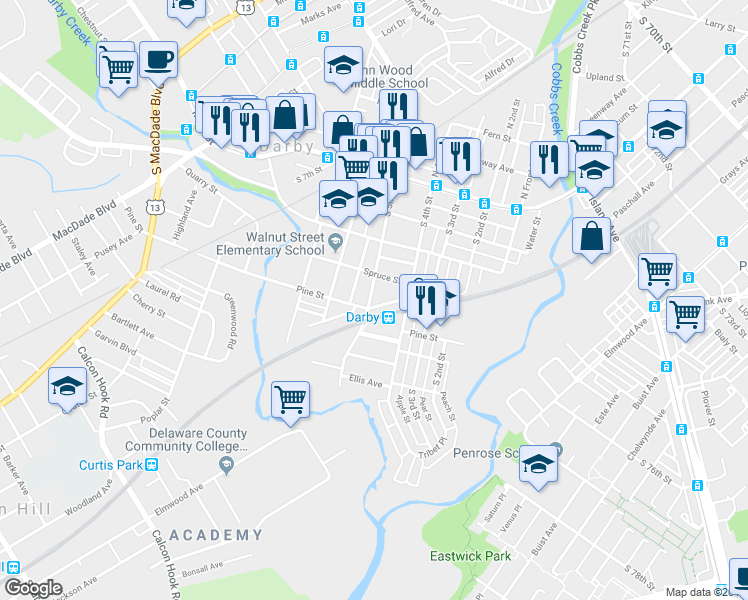 map of restaurants, bars, coffee shops, grocery stores, and more near 423 Pine Street in Darby